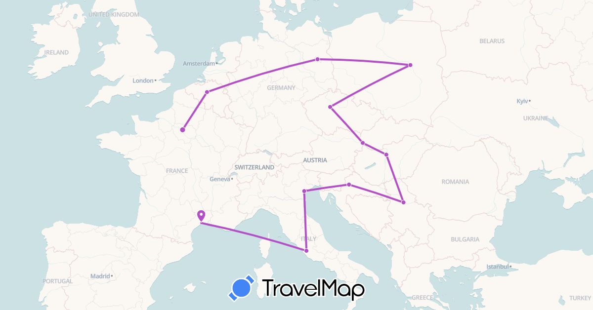 TravelMap itinerary: train in Germany, France (Europe)