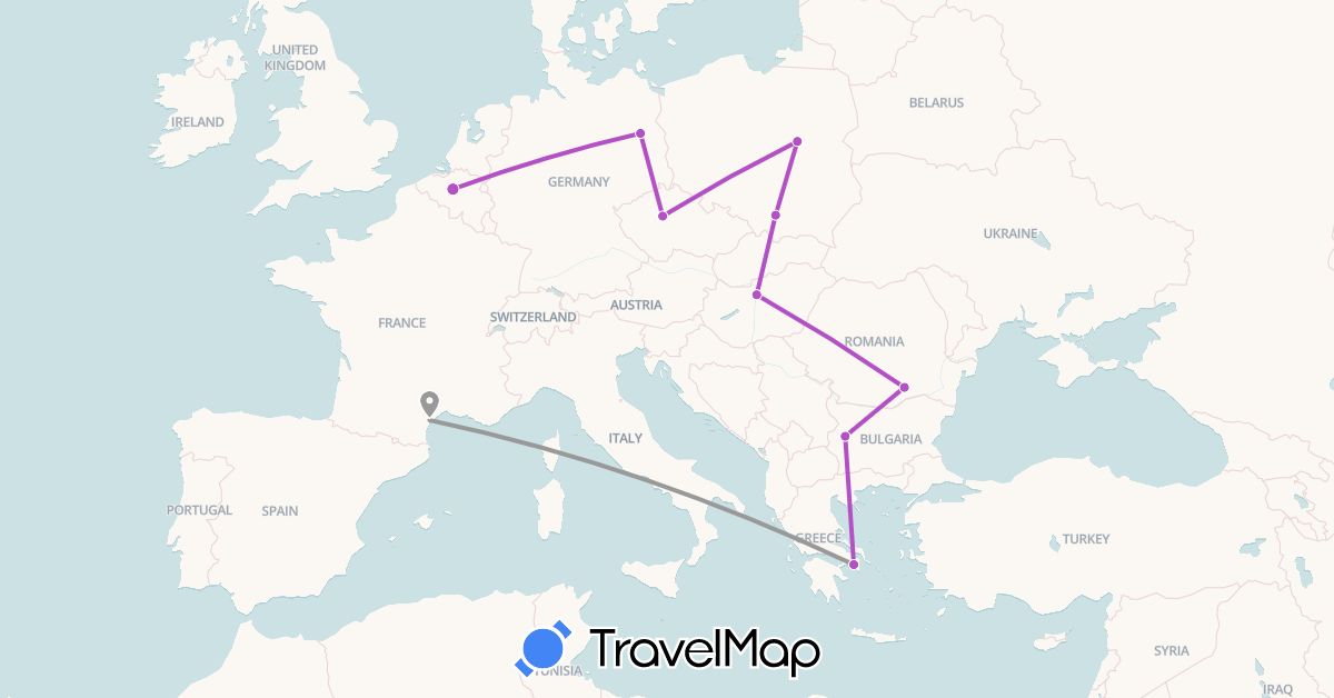 TravelMap itinerary: plane, train in Germany, France, Greece (Europe)